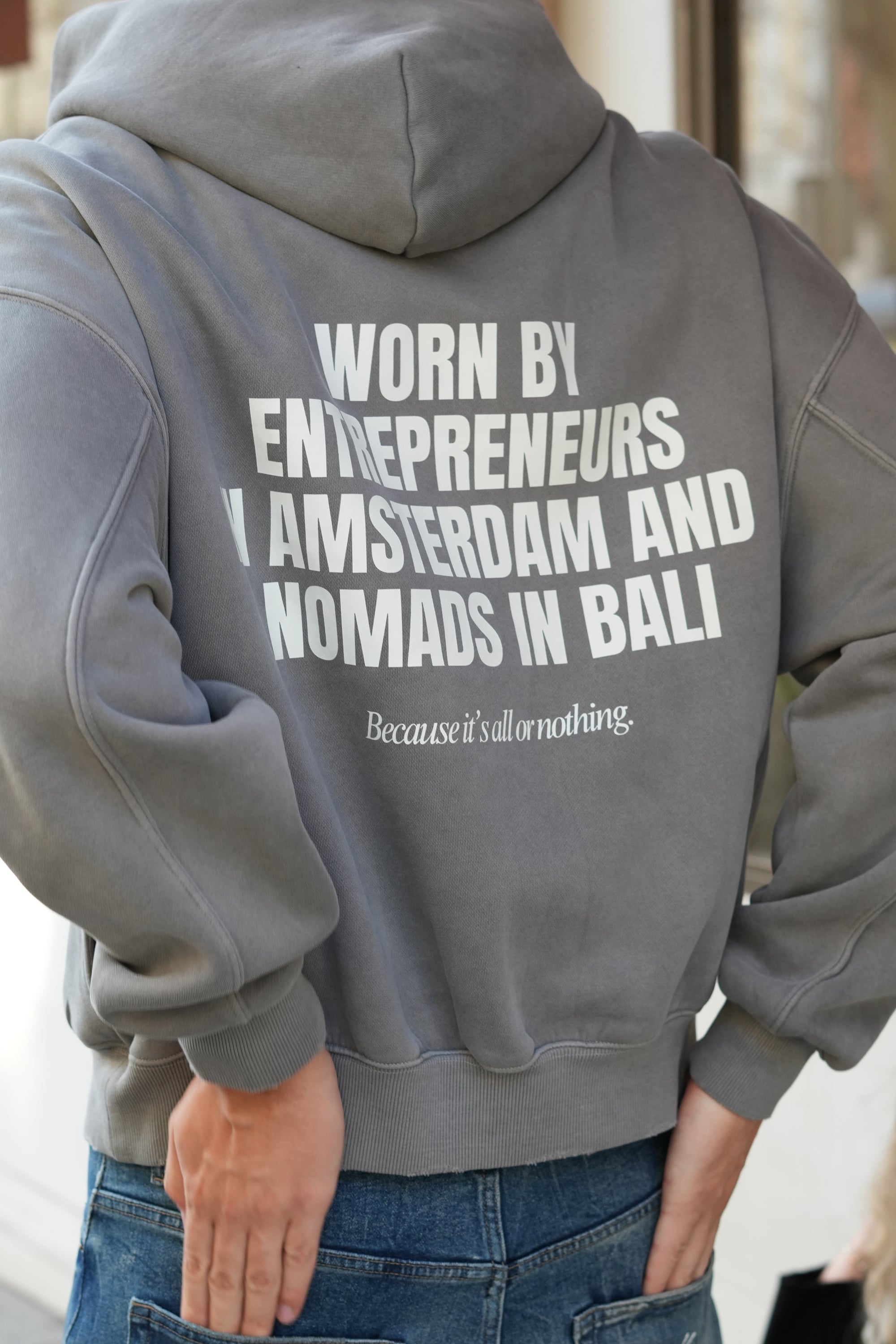 “All or nothing” Frayed Enzyme Washed Fleece Hoodie